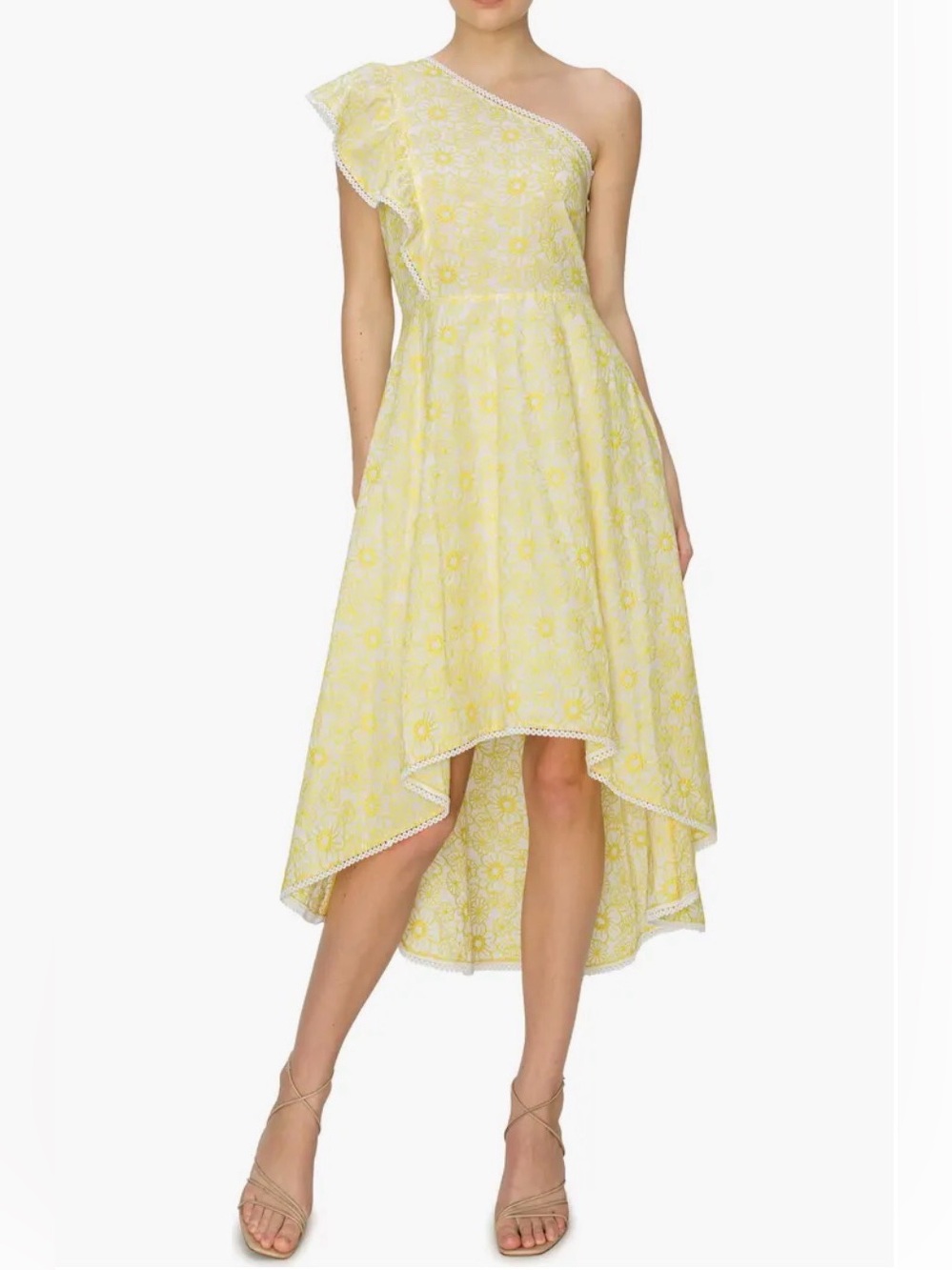 Melloday Nordstroms white yellow embroidered floral one shoulder hi-low dress S - Picture 3 of 9
